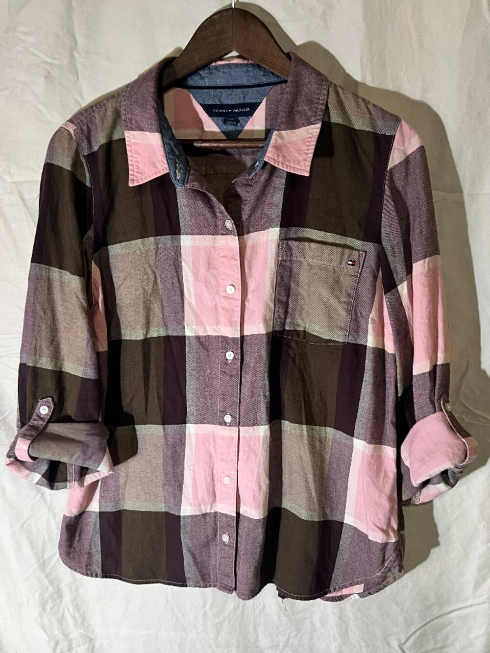 Tommy Hilfiger Womens Large Roll Tab Cotton Shirt Button Down Blouse Pink Green
